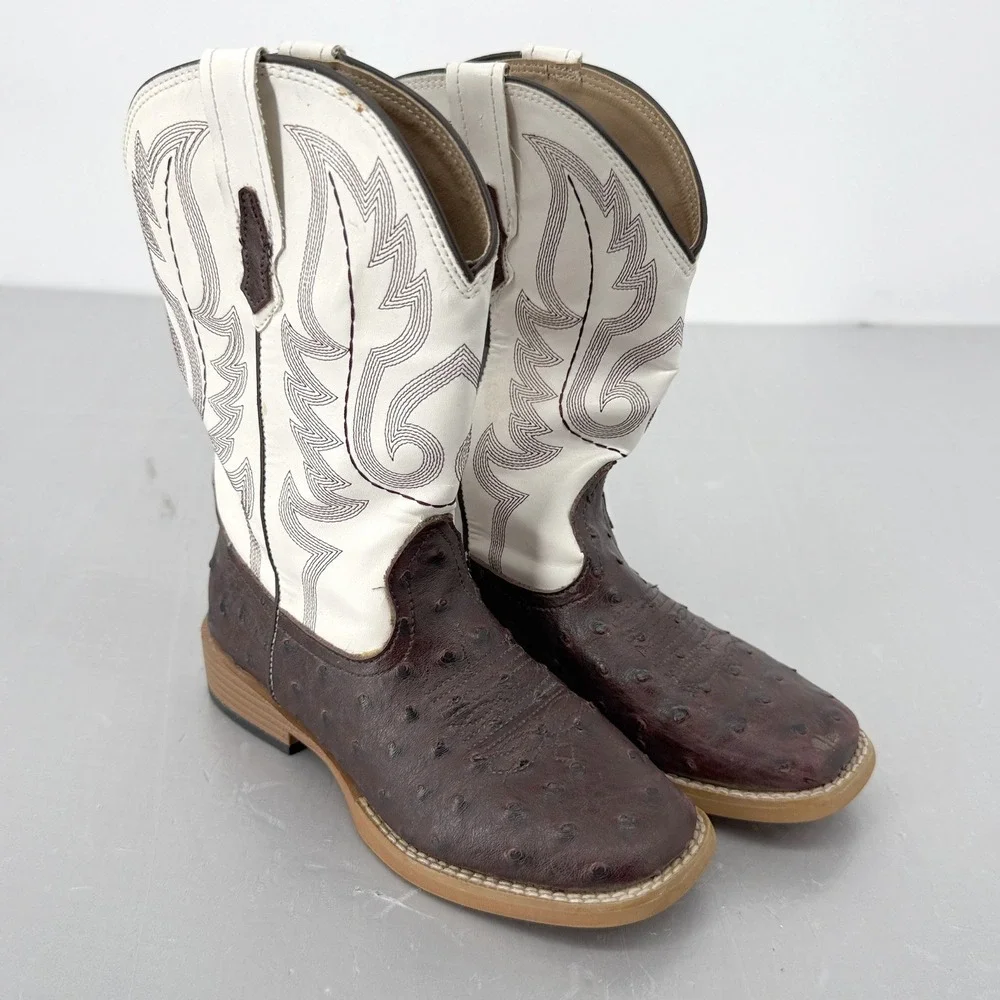 Roper Kids Faux Ostrich Square Toe Western Cowboy Boots Brown White Size 2